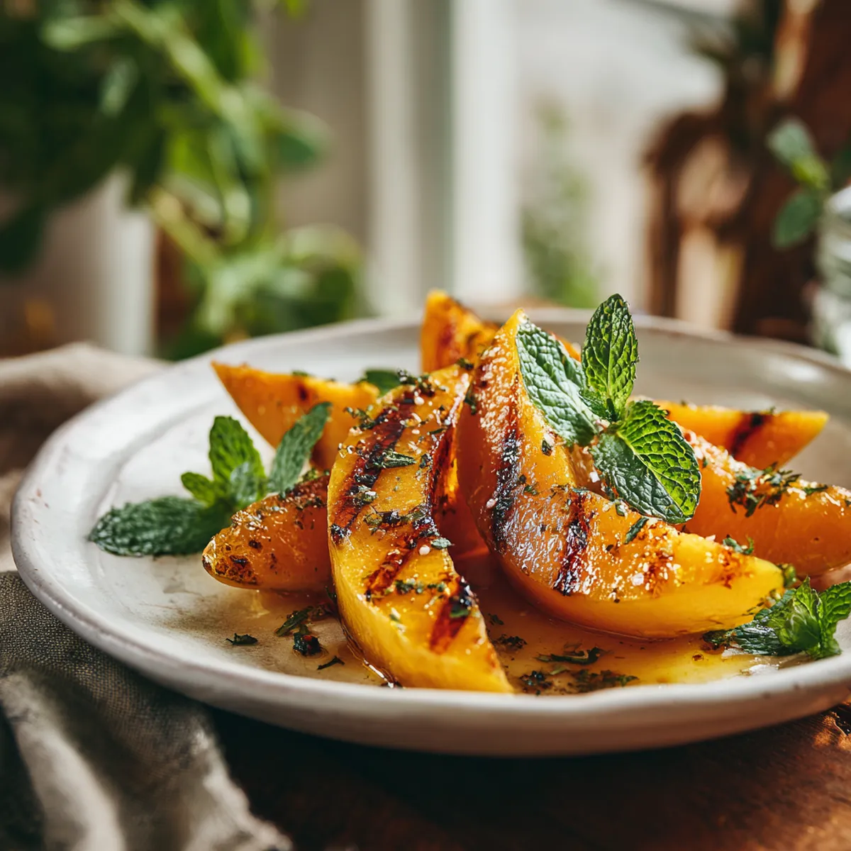 melon rôti au airfryer sur assiette blanche avec menthe