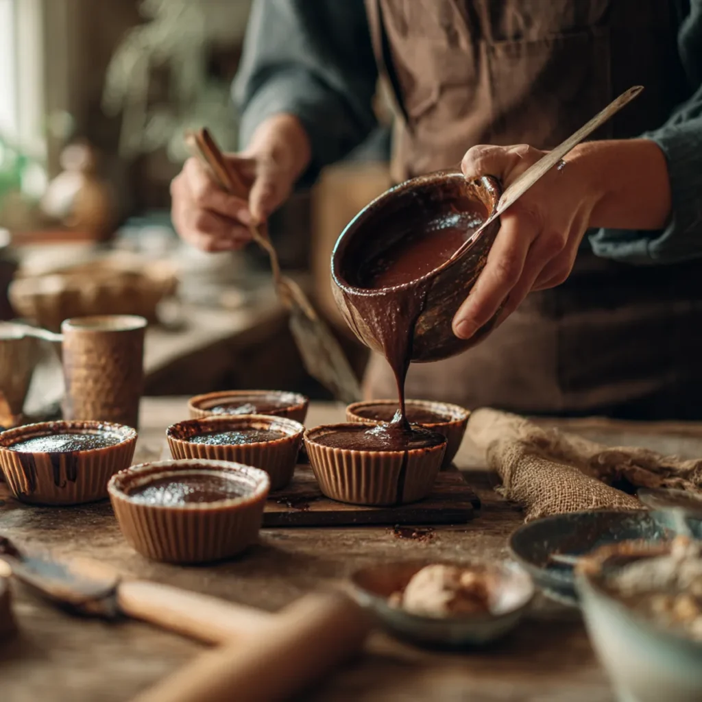Moelleux au chocolat au airfryer : cœur coulant express et inratable 9 Pâte de moelleux au chocolat versée dans des ramequins
