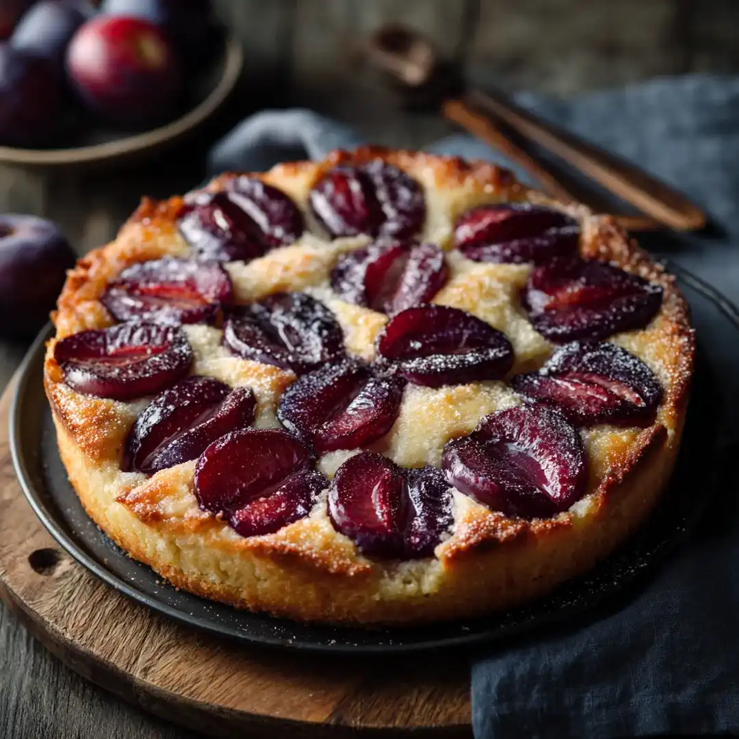 tarte aux prunes à l’air fryer rustique sur table en bois