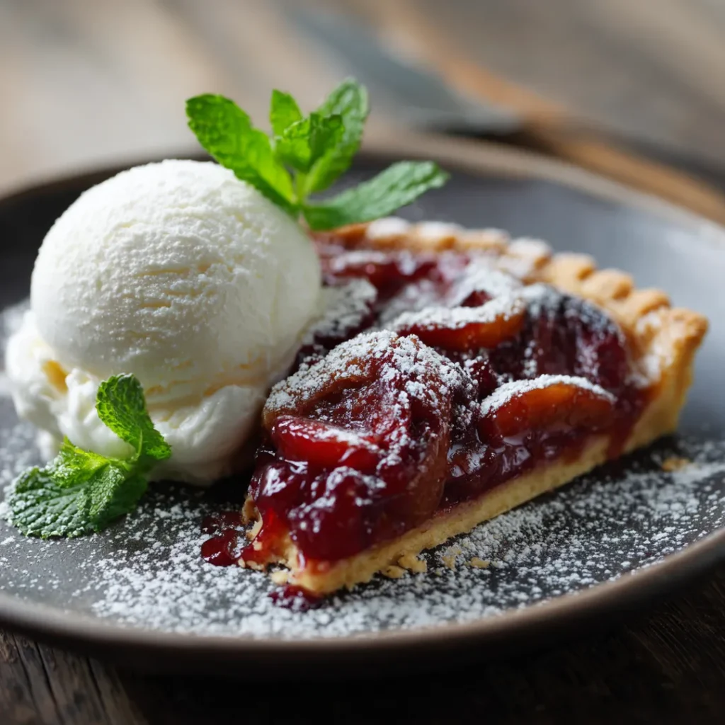 Tarte aux prunes à l’air fryer 7 part de tarte aux prunes servie avec glace