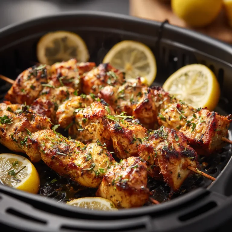 RECETTE DE BROCHETTES DE POULET CITRONNÉES AU AIRFRYER 5 brochettes de poulet citronnées en cuisson dans panier Airfryer