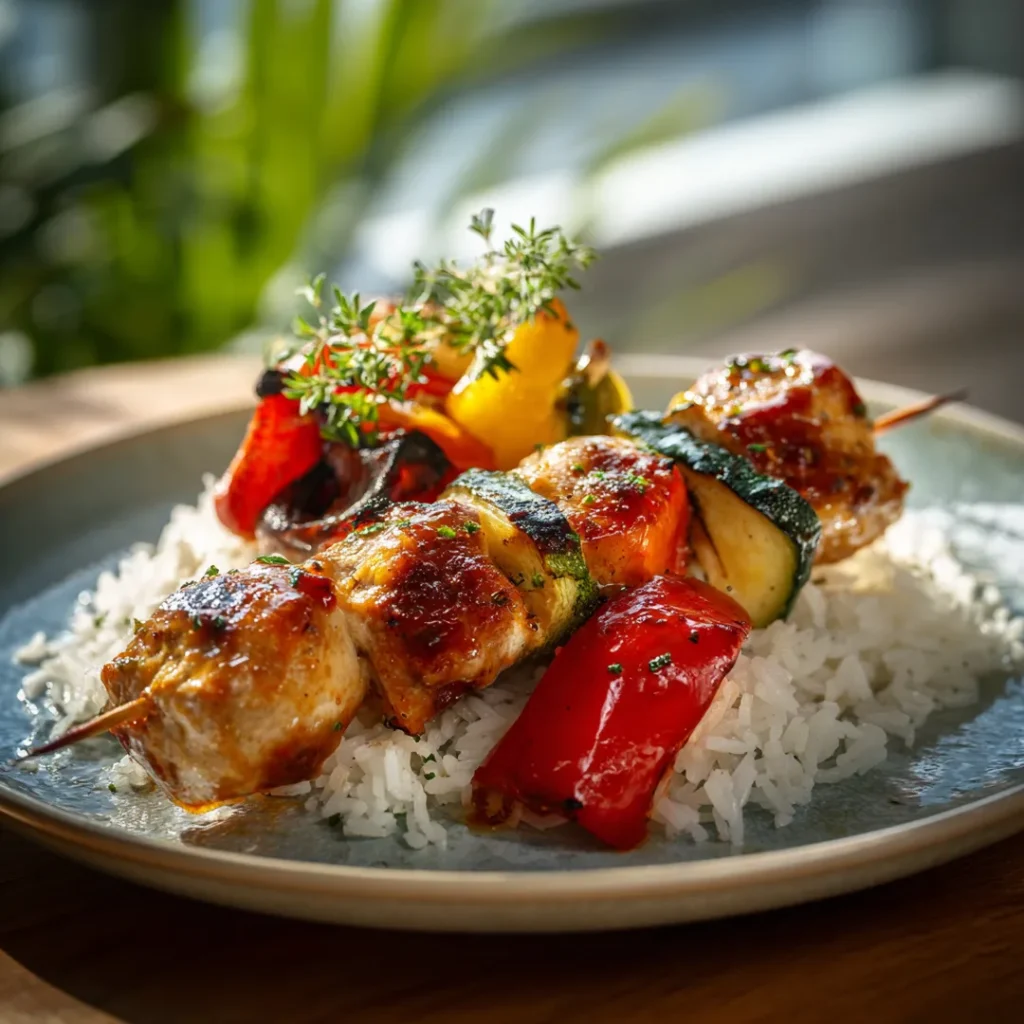 RECETTE DE BROCHETTES DE POULET CITRONNÉES AU AIRFRYER 7 brochettes servies avec accompagnements