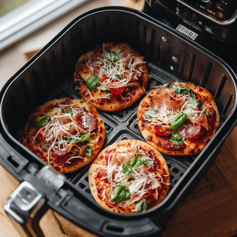 Mini pizzas au Airfryer : gourmandise rapide et croustillante 5 Pizza crue dans un panier d’airfryer avant cuisson avec sauce tomate, fromage râpé et basilic frais