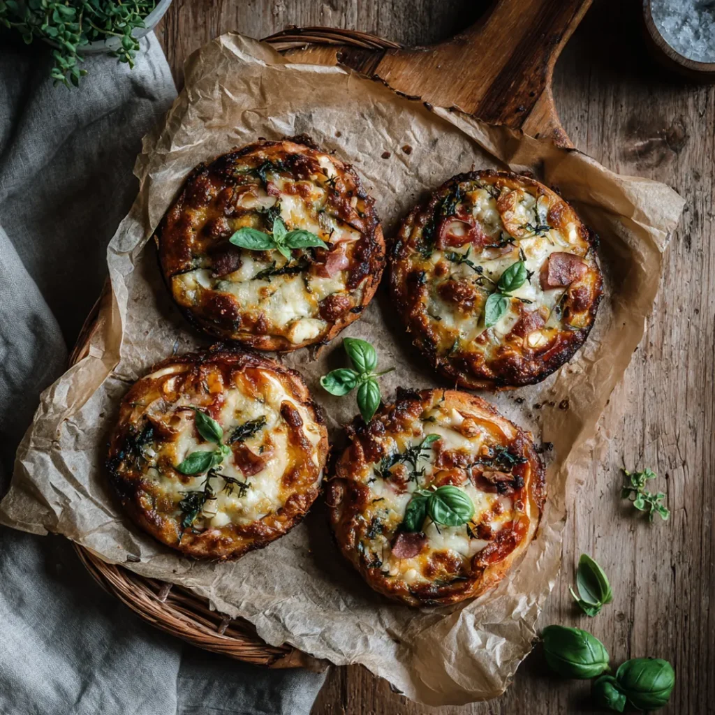 Mini pizzas au Airfryer : gourmandise rapide et croustillante 7 Mini pizzas au Airfryer servies sur planche en bois