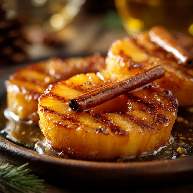Ananas rôti au Airfryer 5 Caramelized pineapple slices with cinnamon stick in syrup, grilled and glazed for a warm dessert