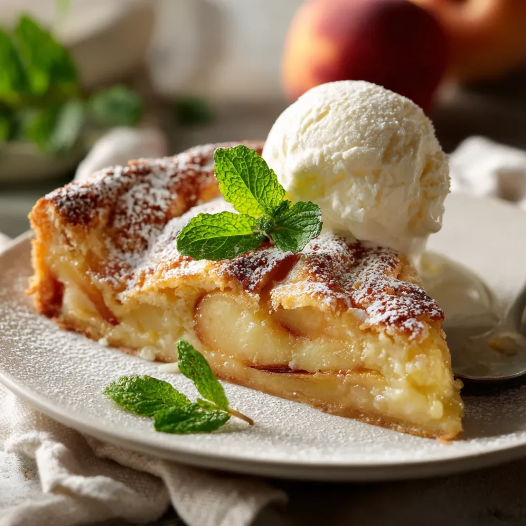 Clafoutis aux pêches au airfryer 5 part de clafoutis aux pêches servie avec glace vanille