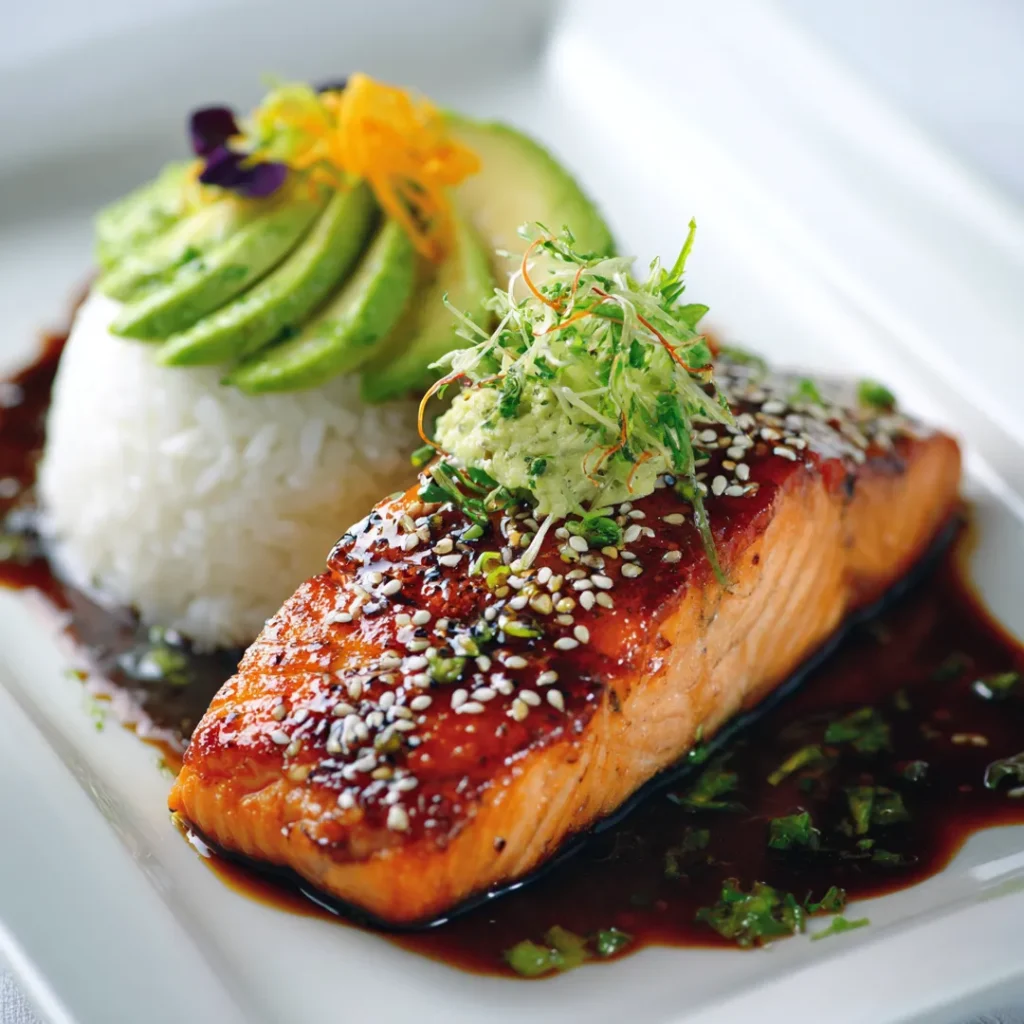 Saumon teriyaki à l’airfryer : rapide, juteux et ultra savoureux 7 saumon teriyaki dressé avec riz et avocat