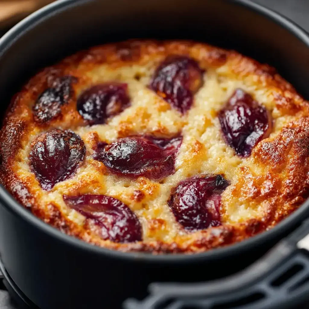 Clafoutis aux prunes à l’air fryer – recette simple et gourmande 6 Clafoutis aux prunes à l’air fryer dans le panier en cuisson