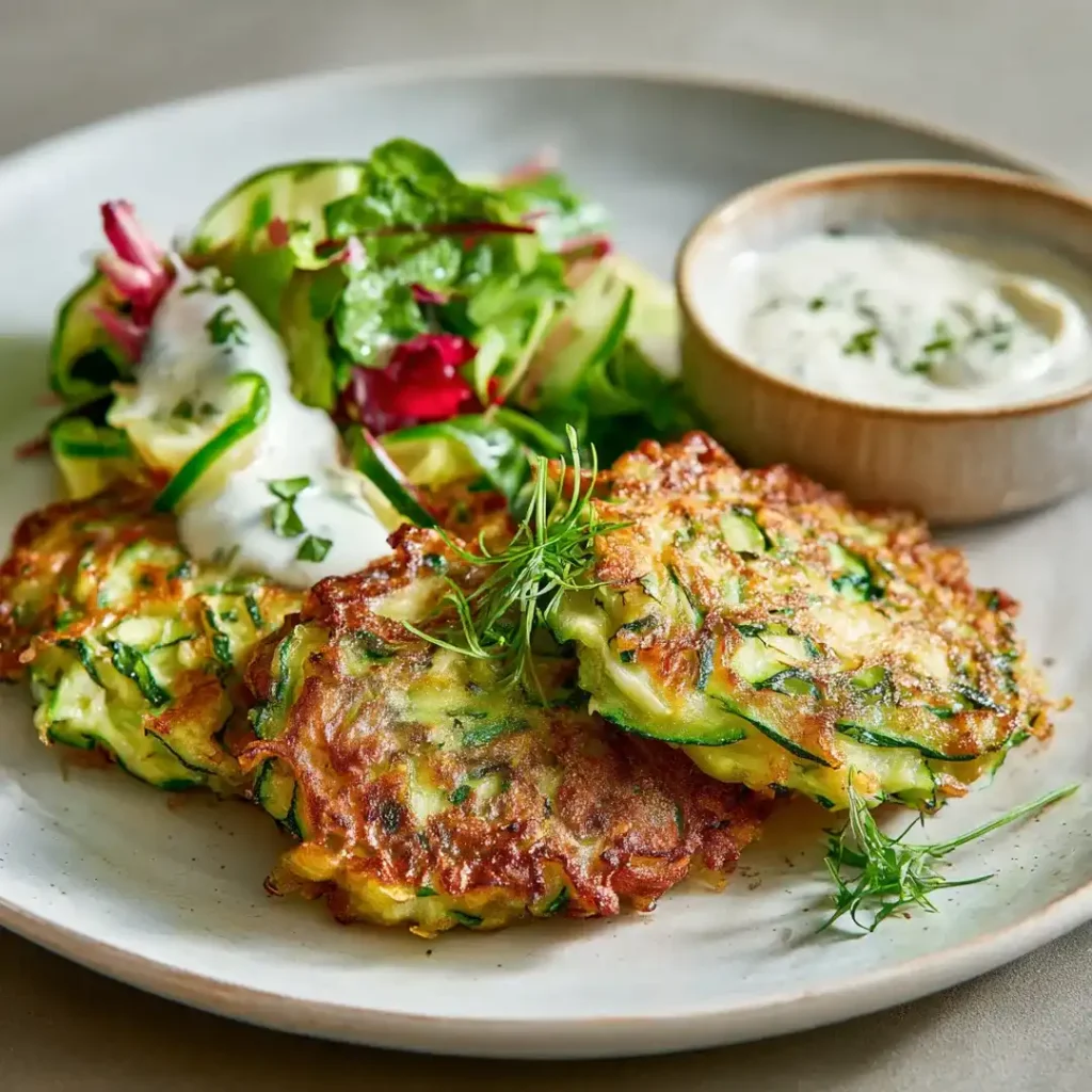 Galettes de courgette Airfryer 8 Galettes de courgette servies avec salade et sauce