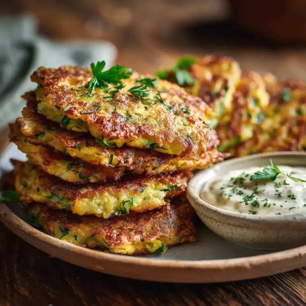 Beignets de courgettes au Air Fryer 7 assiette de beignets de courgettes servis avec sauce