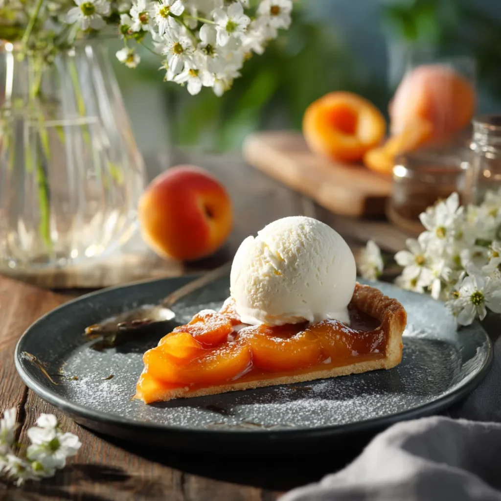 Tarte aux abricots classique au airfryer 5 Part de tarte aux abricots servie avec glace