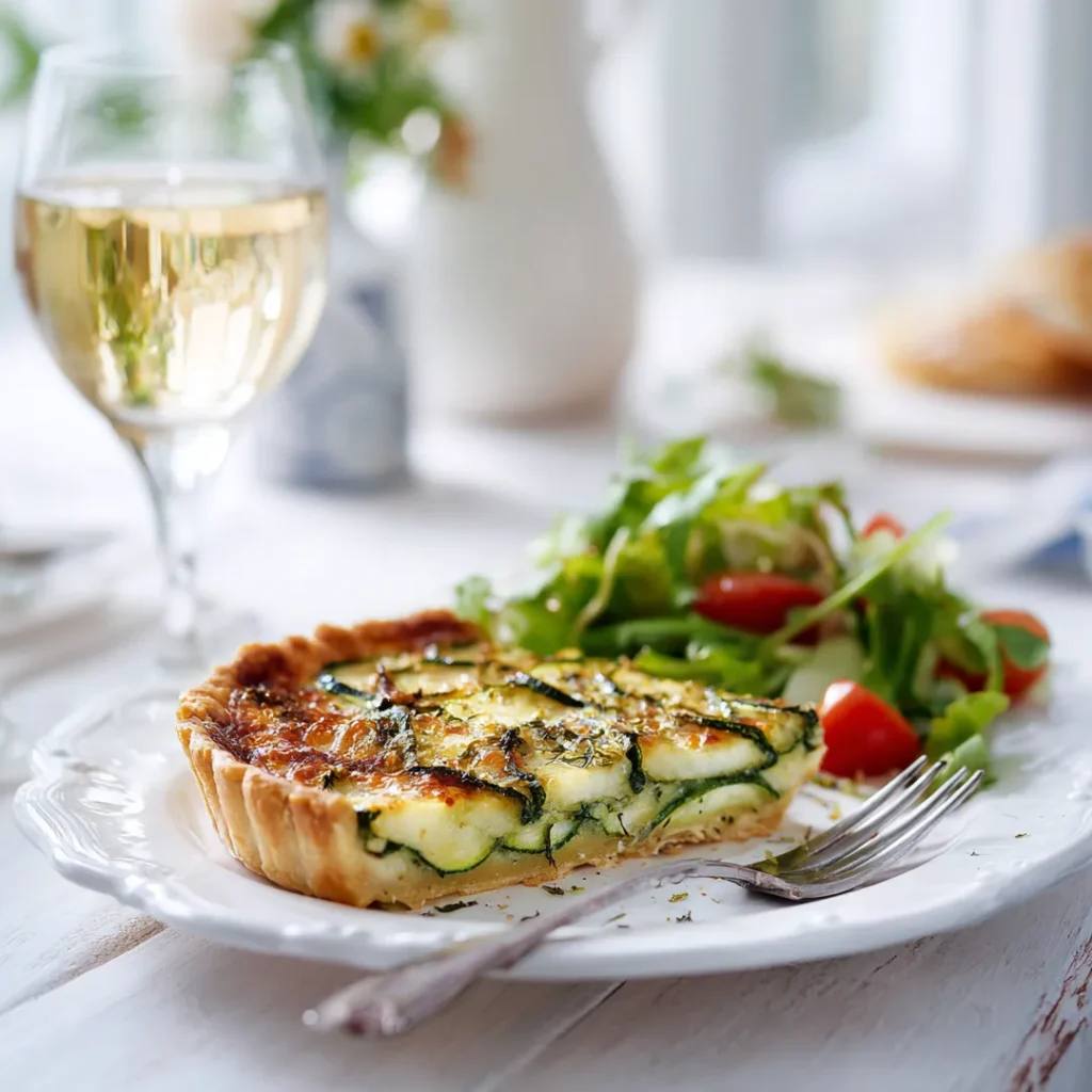 Tarte aux courgettes au air fryer 5 part de tarte aux courgettes servie avec salade