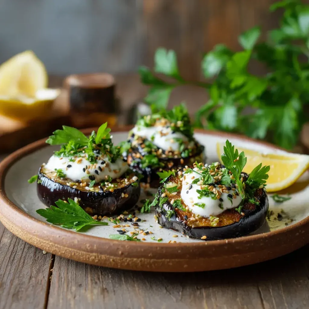 Aubergine au airfryer 6 Aubergine au airfryer servie avec sauce et herbes