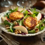 salade de chèvre croustillant au Airfryer servie avec pommes et noix