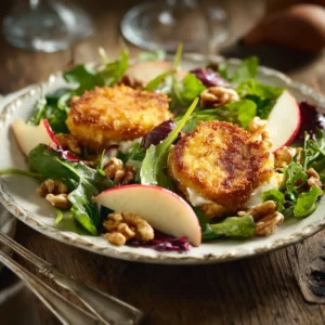 Salade de chèvre croustillant au Airfryer 10 salade de chèvre croustillant au Airfryer servie avec pommes et noix