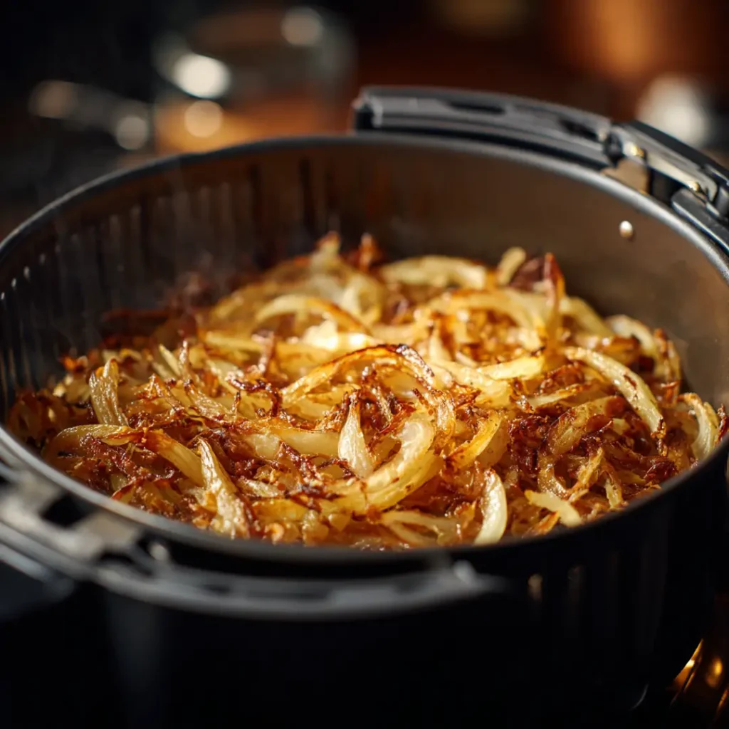 Soupe à l’oignon gratinée au Air Fryer 4 oignons caramélisés dans air fryer pour soupe gratinée