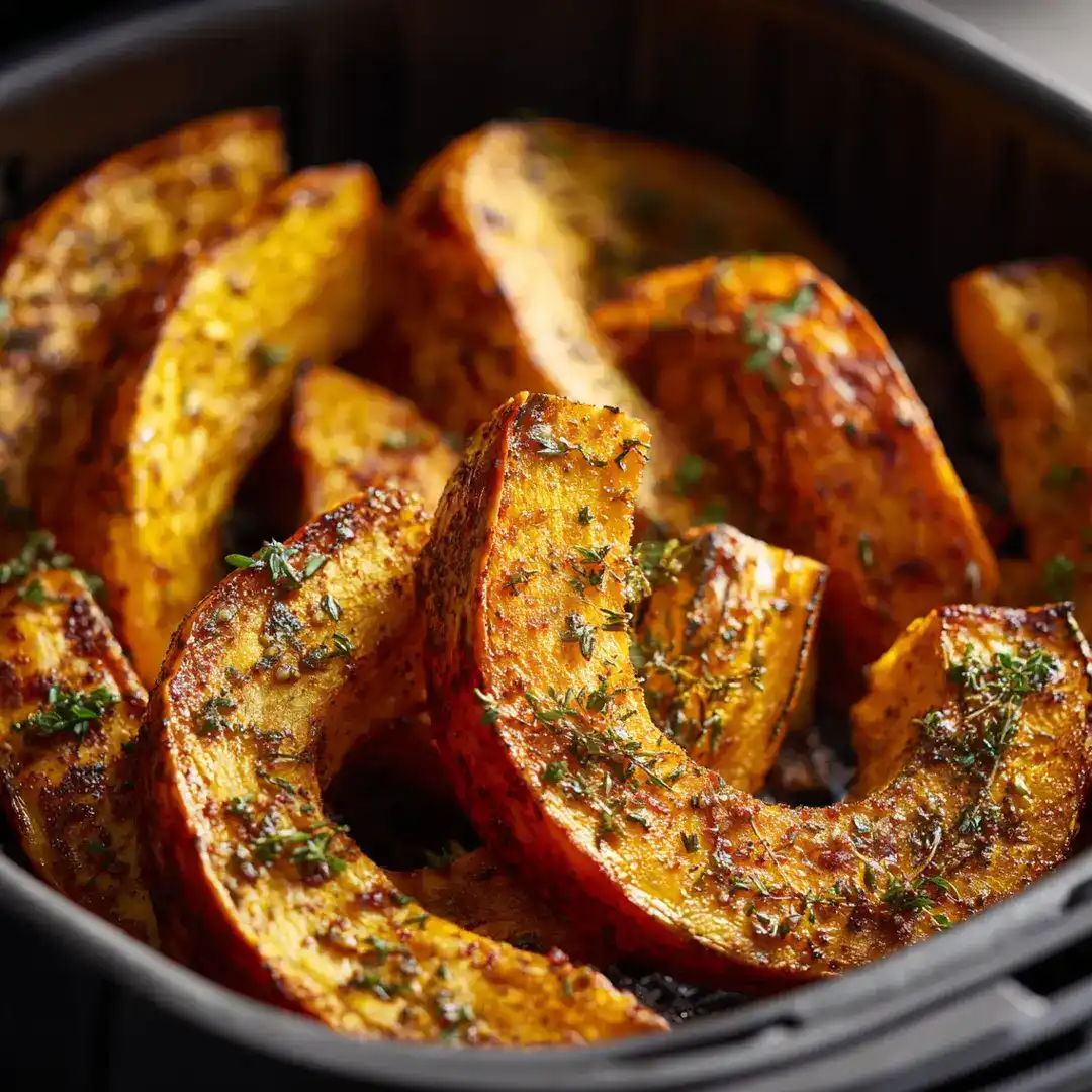 Potimarron rôti à l'Air Fryer 3 Potimarron rôti dans le panier de l’Air Fryer, prêt à être dégusté