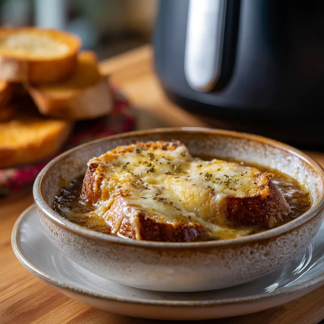 Soupe à l’oignon gratinée au Air Fryer 3 soupe à l’oignon gratinée au Air Fryer dans un bol rustique