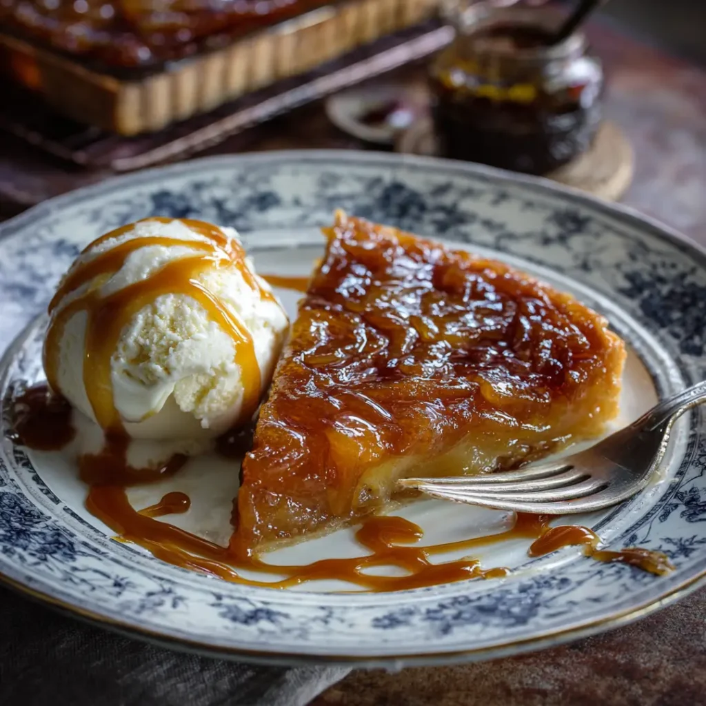Part de tarte tatin au airfryer servie avec glace