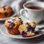 Muffins aux myrtilles au airfryer servis avec une boisson chaude