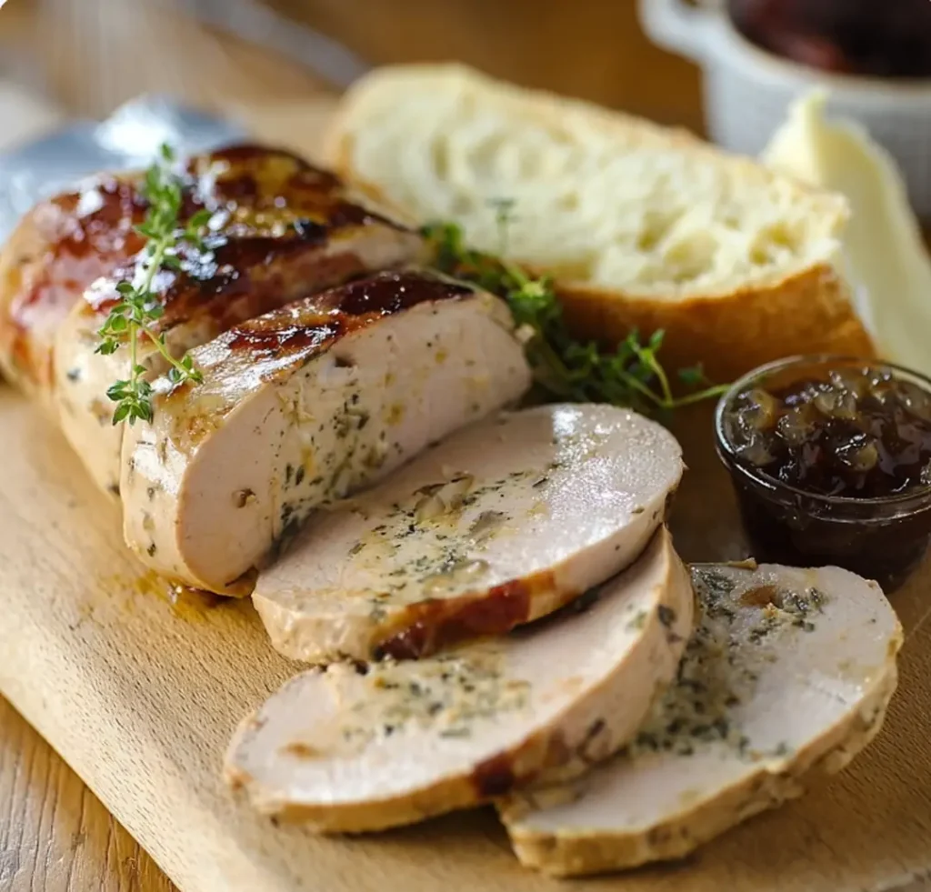 foie gras mi-cuit tranché sur planche avec pain et confiture d’oignons