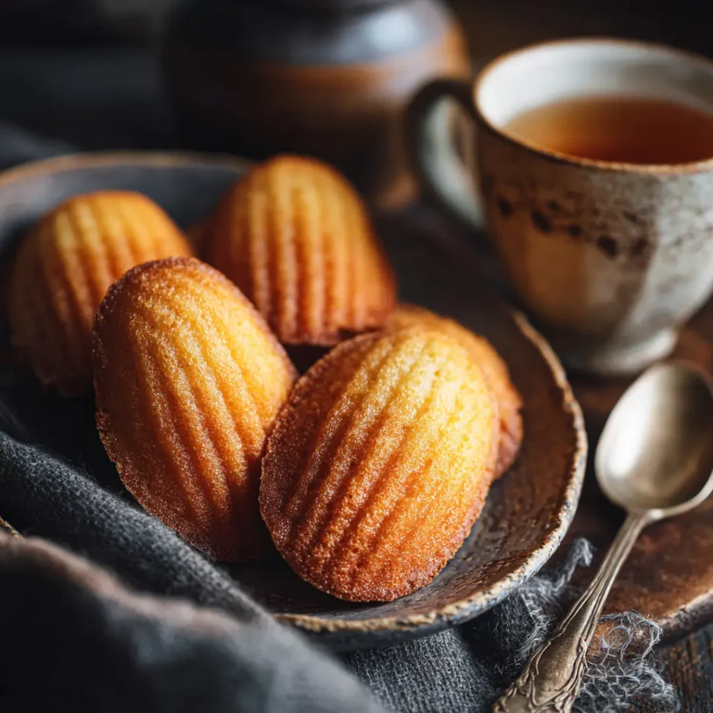 Madeleines moelleuses au Airfryer 5 Madeleines moelleuses servies avec une tasse de thé