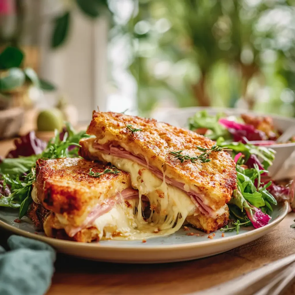 Croque-monsieur au airfryer 5 Croque-monsieur airfryer servi avec salade