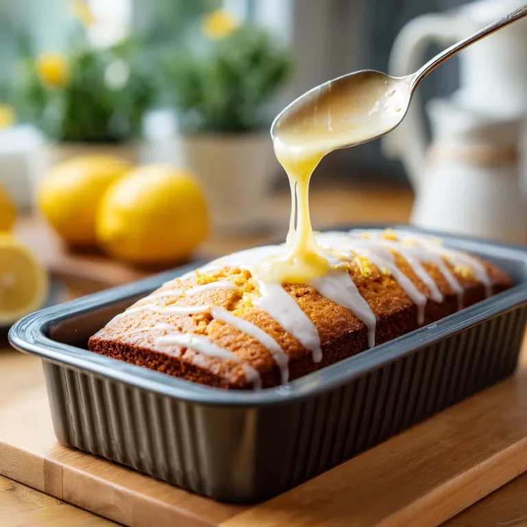 Gâteau au citron au Airfryer 5 Glaçage citron versé sur gâteau au citron à la sortie de l’Airfryer
