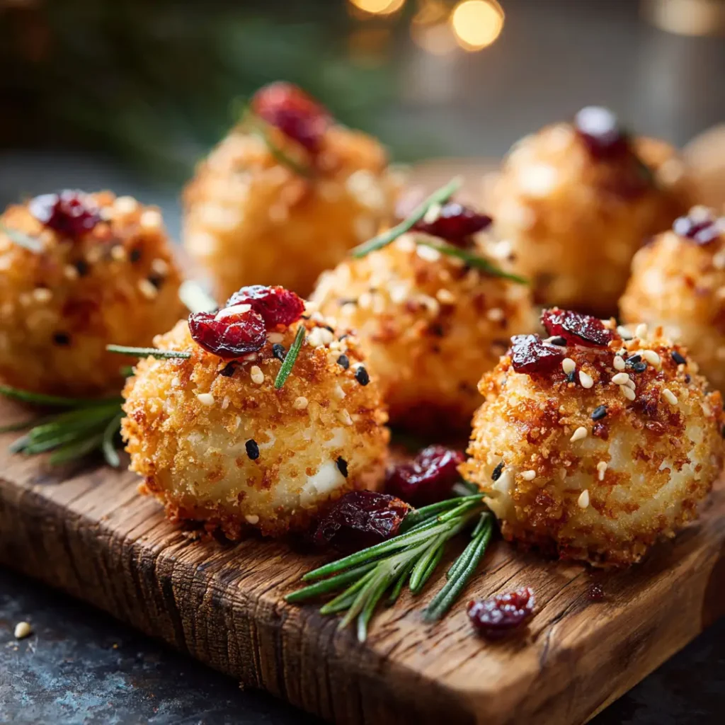 Boules de Noël au fromage et au sésame au Airfryer sur planche festive