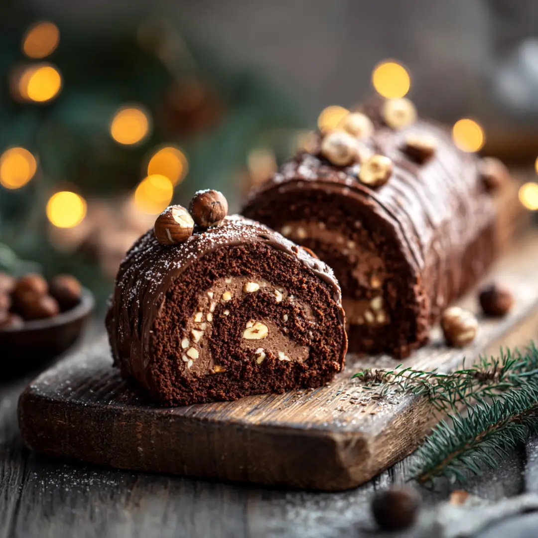 Recette bûche de Noël chocolat-noisette 4 bûche de Noël chocolat-noisette décorée