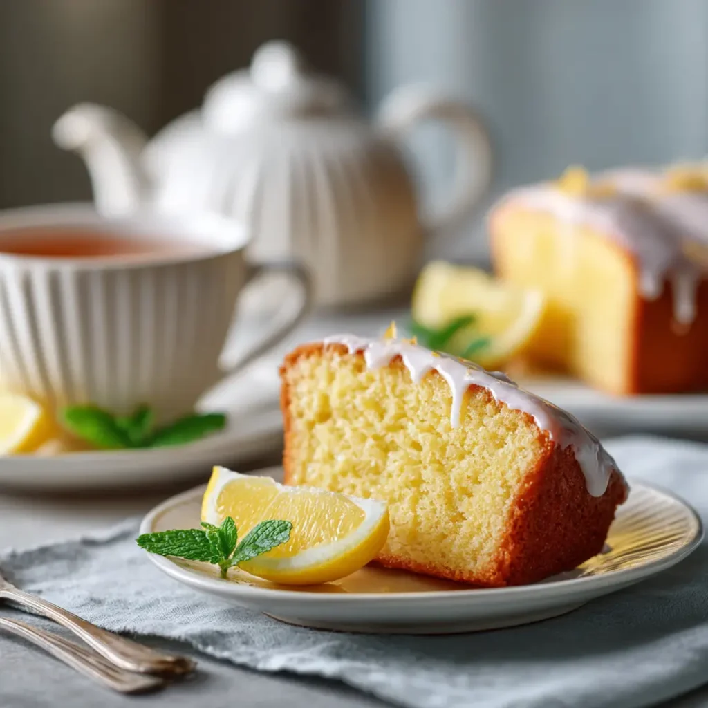 Gâteau au citron au Airfryer 7 Part de gâteau au citron version Airfryer servie avec thé