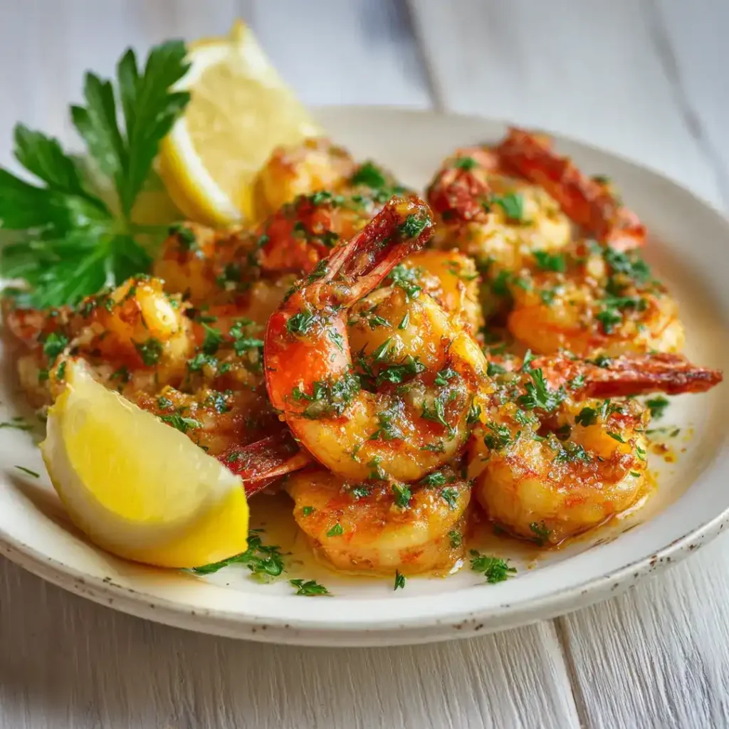 crevettes à l’ail au Airfryer dans une assiette