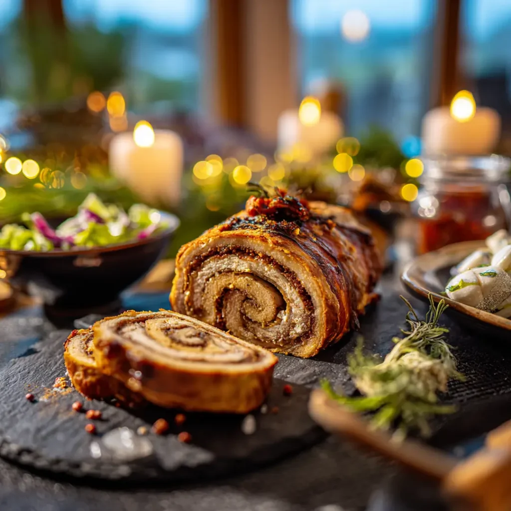 Bûche de Noël salée au Airfryer 5 Bûche salée à l’Airfryer tranchée sur assiette de fête