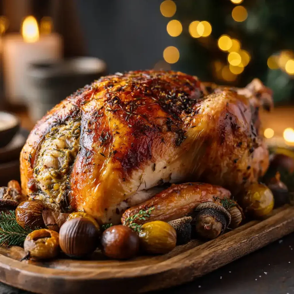 7 recettes de Noël à préparer à l’Airfryer pour un réveillon gourmand 3 Dinde de Noël farcie aux marrons, dorée à l’Airfryer, présentée sur un plateau festif. recettes de Noël