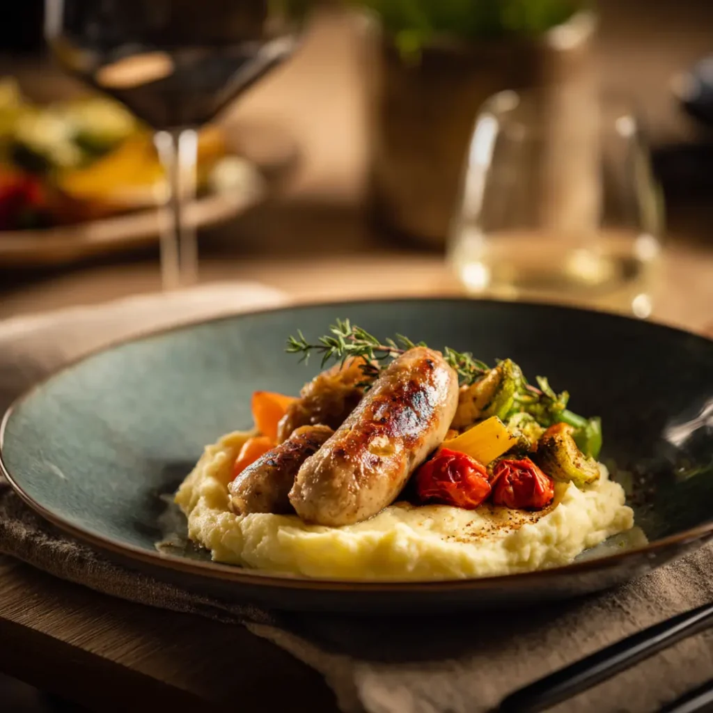 Saucisses de Toulouse au Airfryer 5 Saucisses de Toulouse servies avec purée et légumes grillés