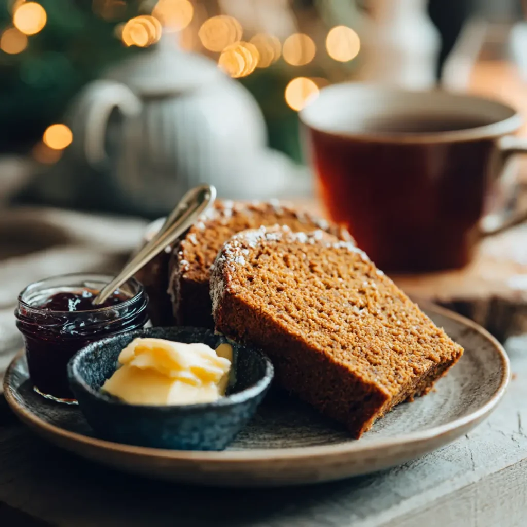 Pain d’épices au Airfryer 5 Tranche de pain d’épices servie avec beurre, confiture et thé chaud