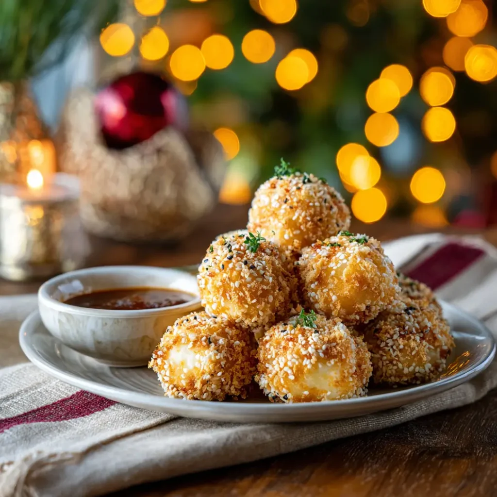 7 recettes de Noël à préparer à l’Airfryer pour un réveillon gourmand 8 Boules croustillantes de Noël dorées à l’Airfryer, servies avec sauce.
