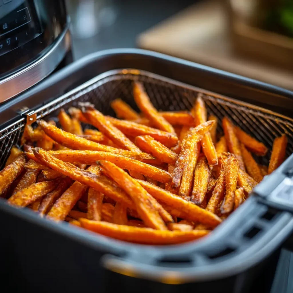 Frites de patate douce au airfryer 5 Frites de patate douce cuisant dans un airfryer