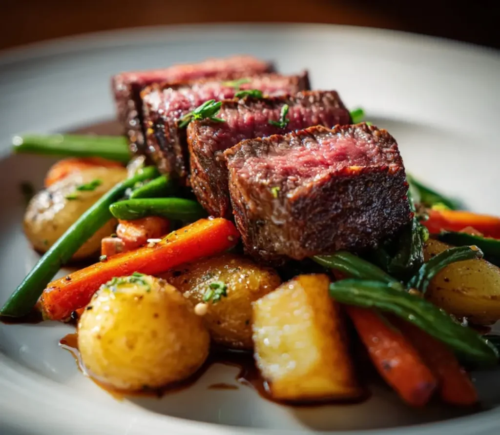Filet de bœuf au Airfryer servi avec pommes de terre rôties et haricots verts