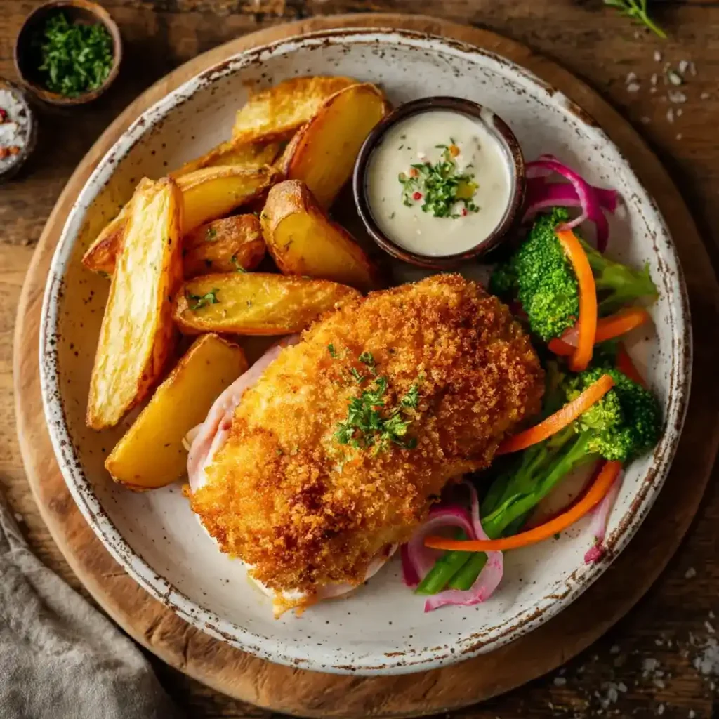 Cordon bleu à l’Airfryer 6 cordon bleu servi avec accompagnements dans une assiette