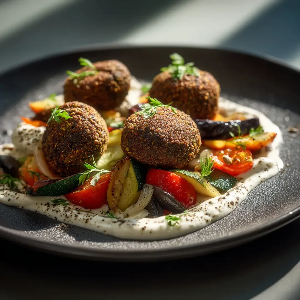 Boulettes de lentilles au Airfryer 5 Boulettes de lentilles au Airfryer servies avec légumes rôtis