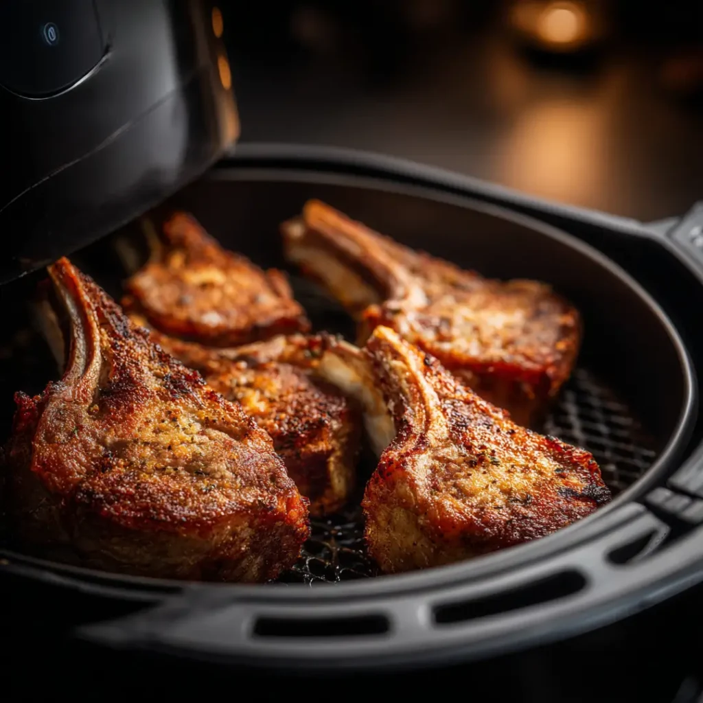 Côtelettes d’agneau au Airfryer 6 Côtelettes d’agneau en cuisson dans l’Airfryer