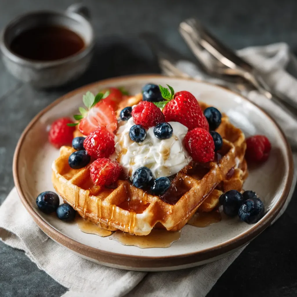 Gaufres au Airfryer 6 gaufres au Airfryer servies avec fruits et sirop