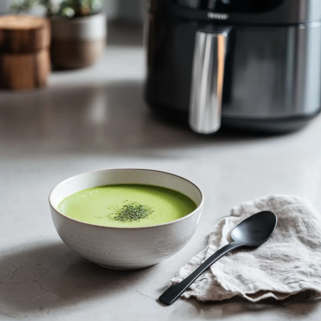 soupe détox aux légumes verts au Airfryer dans cuisine moderne