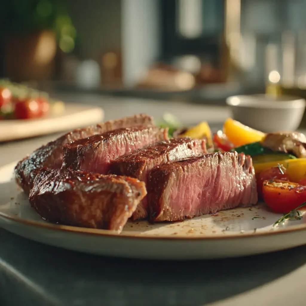 Steak de bœuf au airfryer 7 steak de bœuf à l’airfryer tranché et servi avec légumes