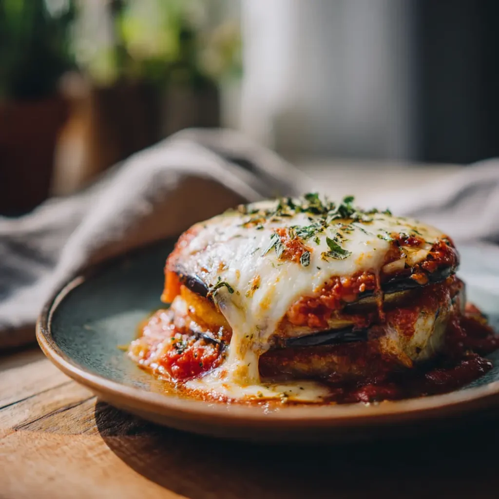 Aubergines parmigiana au airfryer 6 Portion de parmigiana d’aubergines servie à l’assiette