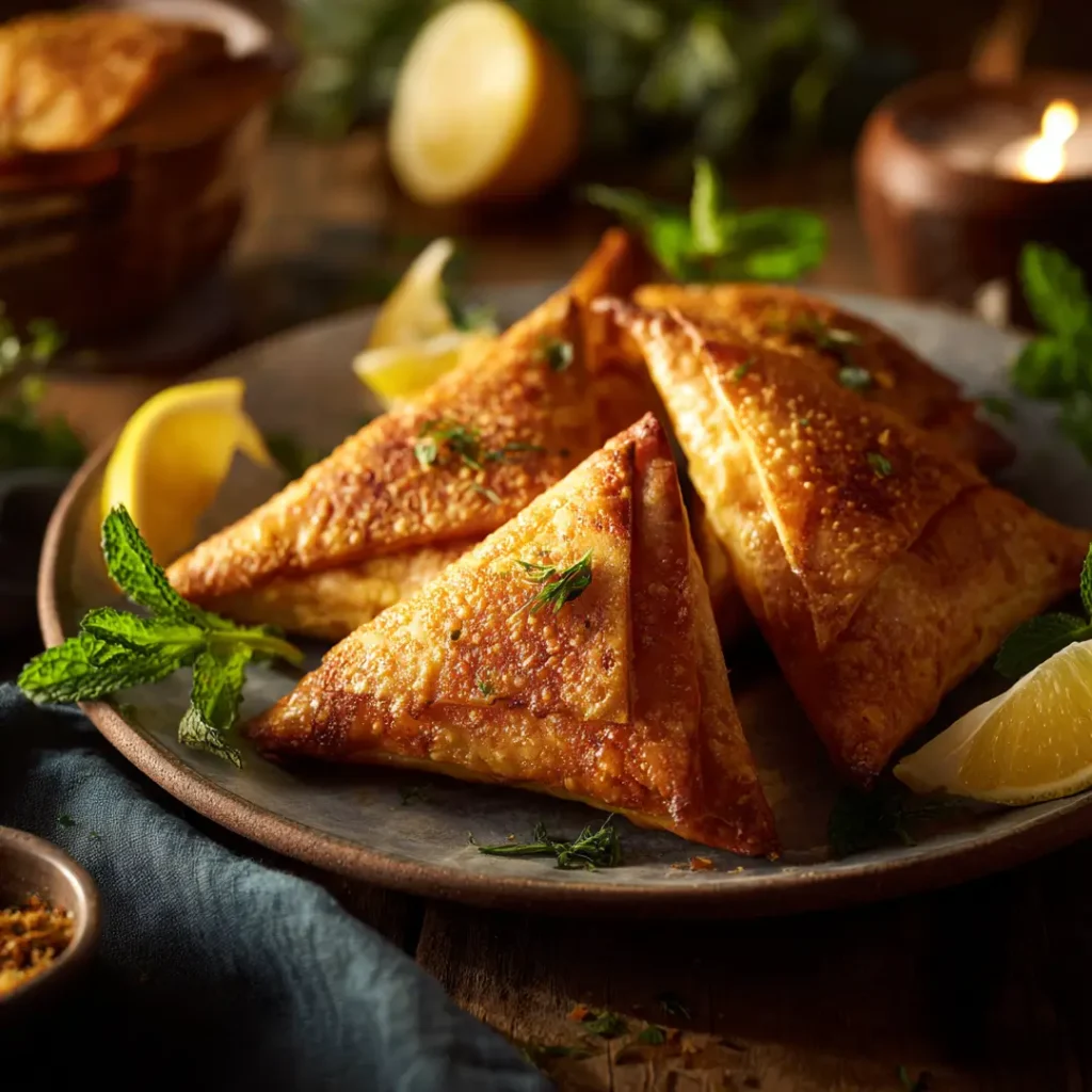 Briouates au poulet à l’airfryer : recette croustillante express 5 Briouates au poulet accompagnées de salade et sauce