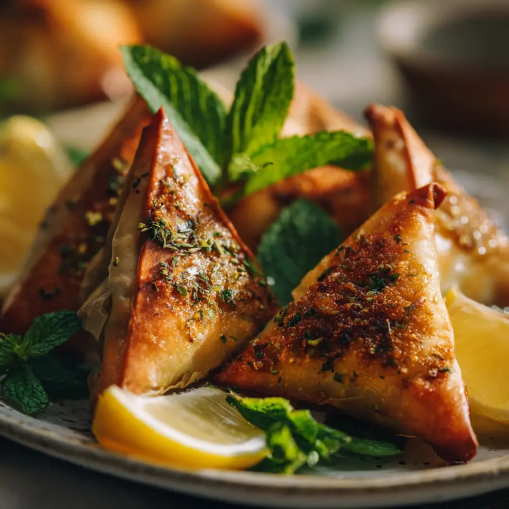 Apéro airfryer : 18 recettes croustillantes pour un apéritif parfait 12 Briouates au poulet à l’airfryer croustillantes sur assiette