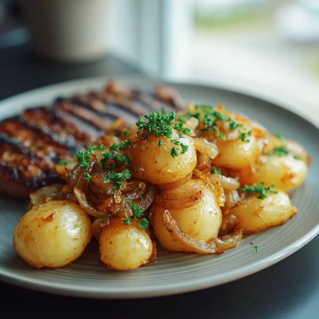 Pommes de terre lyonnaise au airfryer 6 Pommes de terre lyonnaise au airfryer servies à table