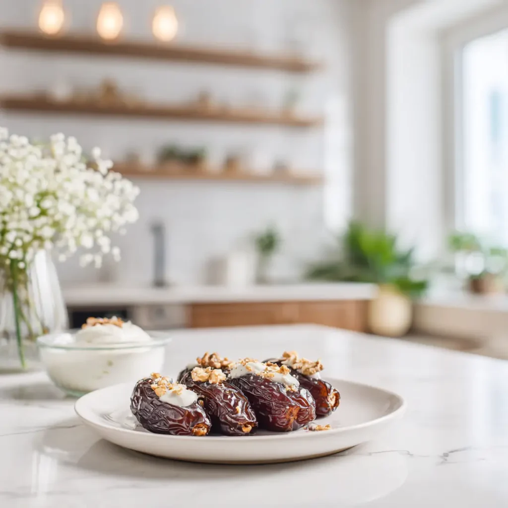 Dattes farcies au airfryer 8 Dattes farcies au airfryer servies avec yaourt et noix